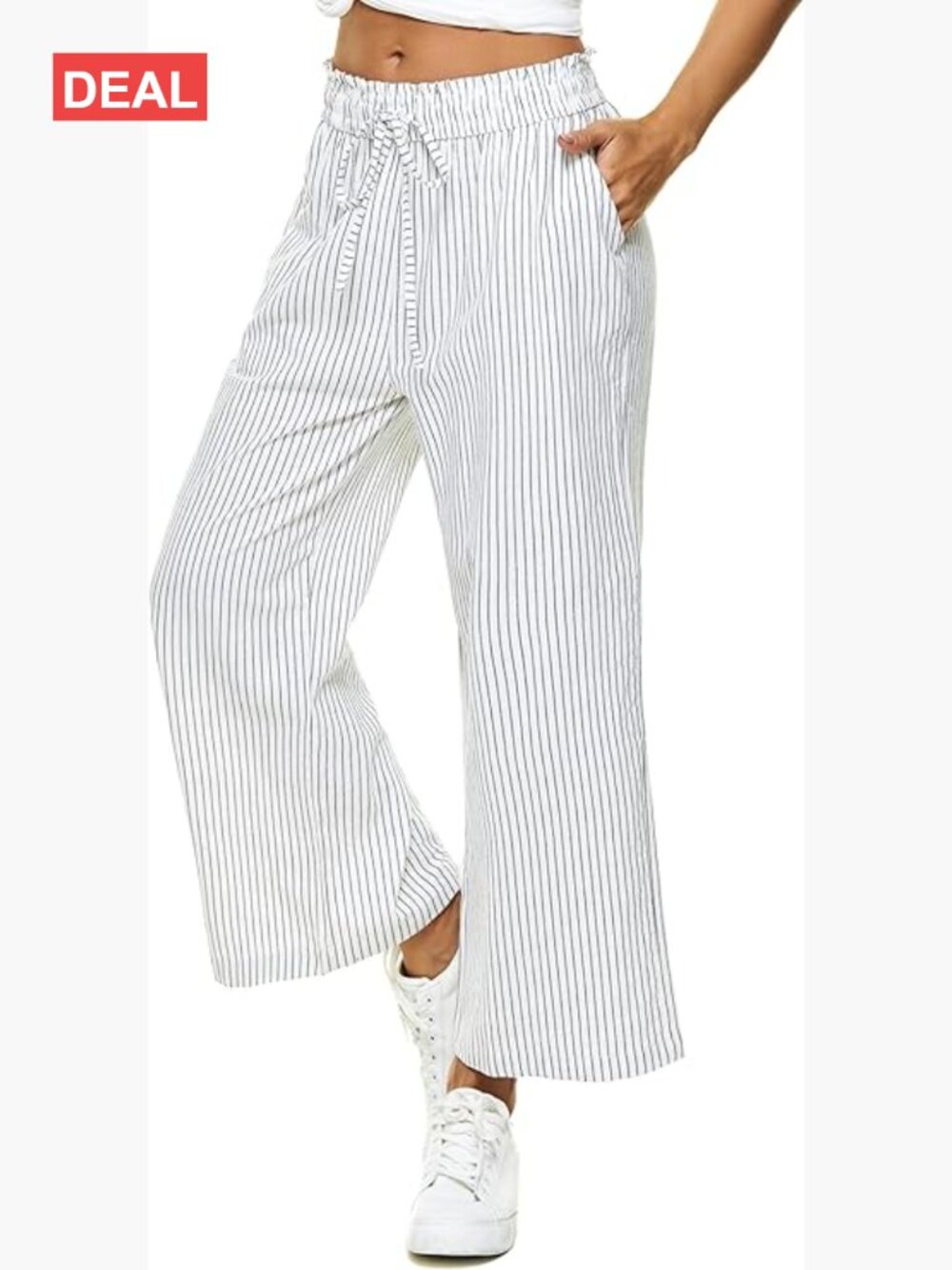 Linen Blend High Waist Wide Leg Cropped Capri Pants with Pockets